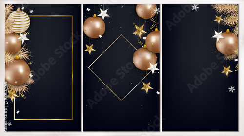 Happy New Year 2020 vertical background. Gold Сhristmas balls,decorative fir branches, lights garlands, confetti, 3d stars on the dark background, place for text Vector illustrations.
