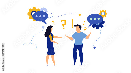 Business people social dialogue man and woman. Speech bubble chat goal discuss person vector illustration character concept cartoon. Communication talk background. Group connection language banner