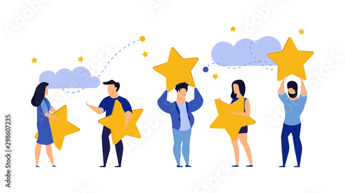 Customer review five star choice vector illustration satisfaction man and woman. Concept business success feedback good quality service. Best rate background experience vote client banner. Award like