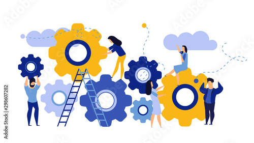 Man and woman business organization with circle gear vector concept illustration mechanism teamwork. Skill job cooperation coworker person. Group company process development structure workforce banner photo