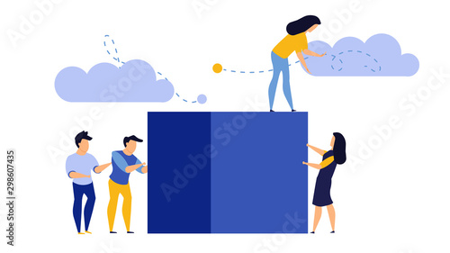 Business teamwork person vector illustration concept. Success team ambition man and woman uphill cube. Office group partnership company. Leader businessman work cooperation together. Union job human