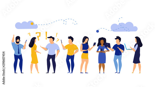 Group people chat on mobile phone illustration chat feedback vector. Man and woman person communication social business background speech. Talk concept conversation discussion teamwork banner