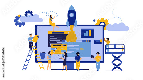 Creative teamwork vector business PC computer office illustration. Man and woman with data desk and rocket. Finance analysis collaboration group person. Internet technology work team. Solution company
