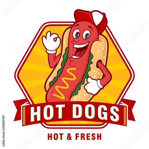 Delicious hot dosg logo template, with funny character cartoon use hat, vector illustration