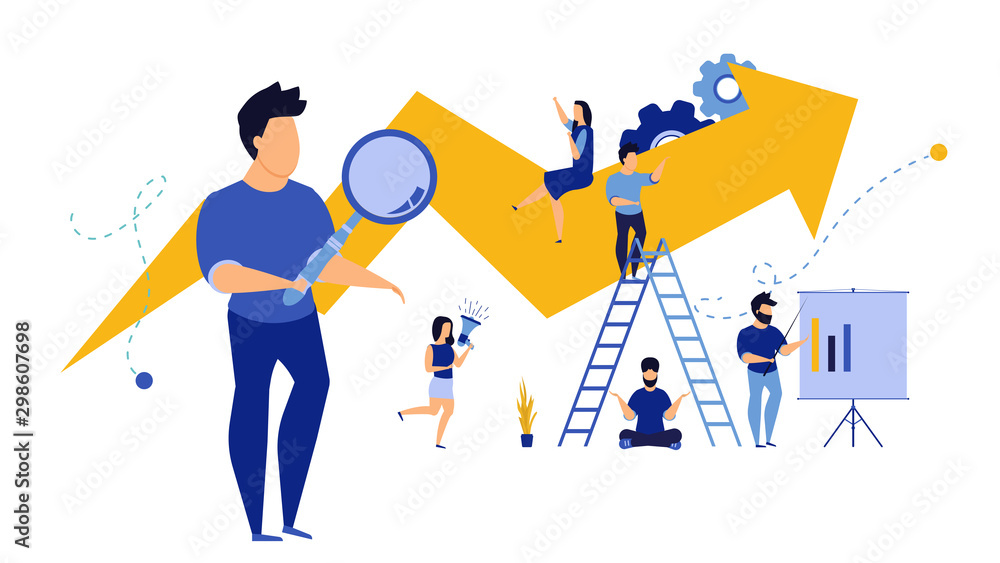 Business people with arrow analytics vector financial performance teamwork. Man and woman advertising boost work job marketing. Concept illustration office group employee. Career banner leader boss