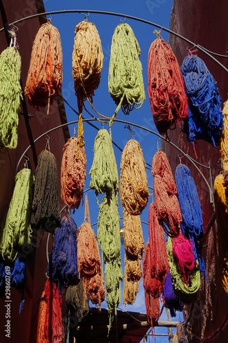 dyed wool hang out on the street to dry in Marrakech