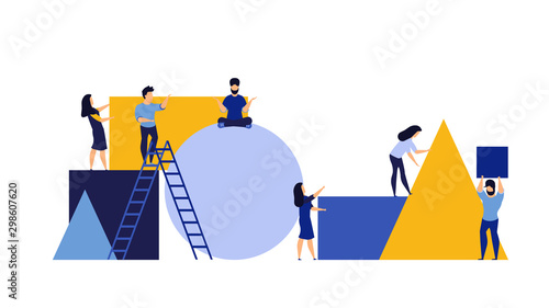Organization partnership character create geometric puzzle man and woman. Business person vector illustration concept background. Teamwork building piece jigsaw shape. Connect basic block figure