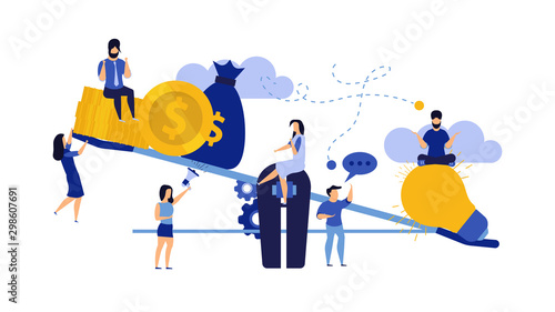 Money balance on scale comparison equilibrium vector business illustration. Idea light bulb and gold coin finance. Man and woman concept income investment earning. Profit work report weight cashflow