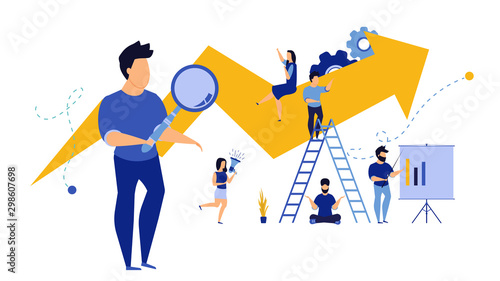 Business people with arrow analytics vector financial performance teamwork. Man and woman advertising boost work job marketing. Concept illustration office group employee. Career banner leader boss