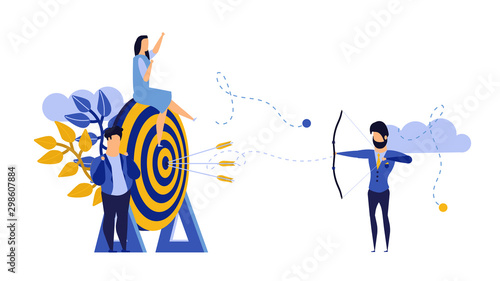 Goal strategy teamwork journey target with bow arrow. Achievement action business communication job employee. Success job dart concept illustration vector. Bullseye solution focus center dartboard