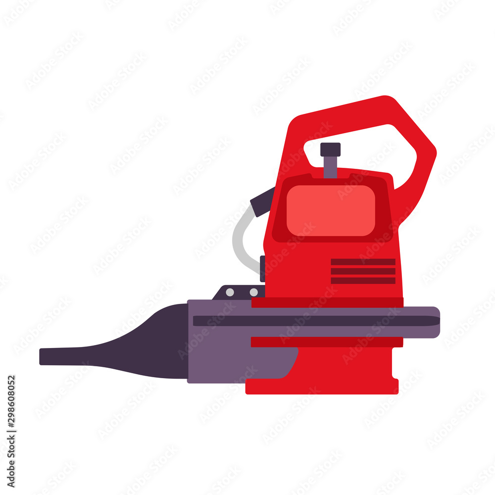 Red leaf blower vector icon illustration isolated white equipment design symbol. Garden element art fall tool shape work. Lawn blow cartoon shiny electric clean background. Machine chipper grass Red leaf blower vector icon illustration isolated white equipment design symbol. Garden element art fall tool shape work. Lawn blow cartoon shiny electric clean background. Machine chipper grass