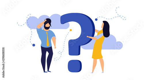 Person people question mark answer vector illustration concept action. Advice ask business cartoon FAQ help man and woman background. Problem idea confusion human. Think banner support conversation