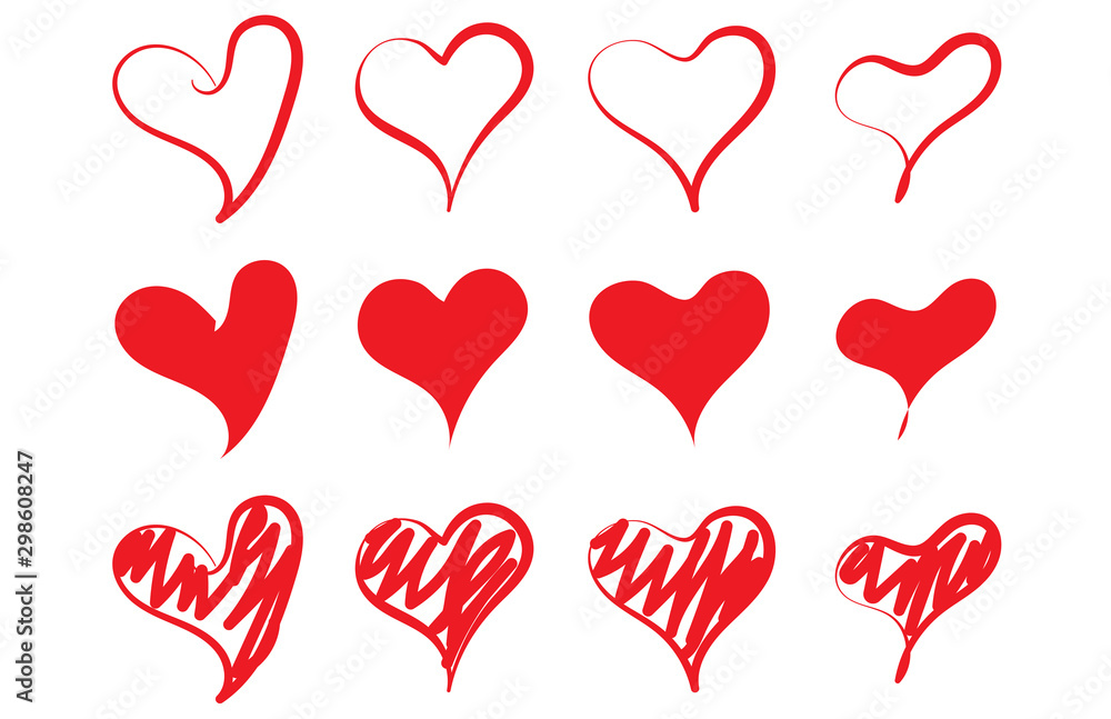 Red love heart vector shape icon hand drawing sketch graphic element design background. Handdrawn sketchy made set retro decor art romantic wedding. Vintage print ink cute collection isolated symbol