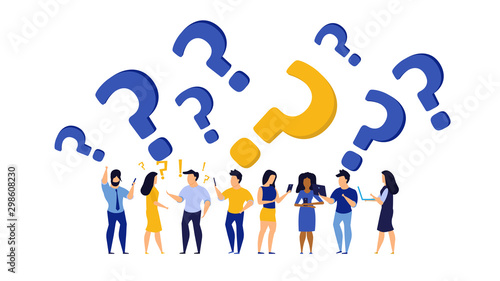 Person question icon work vector people illustration concept. Business work background design problem answer solution. Cartoon human confusion communication FAQ help. Support customer service