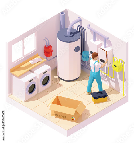 Vector isometric technician on water heater or boiler installation