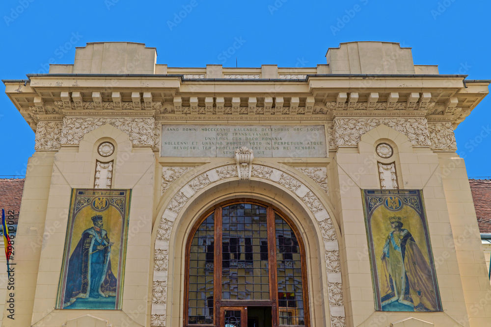 Facade with details of Union Hall building. Alba Iulia, Romania