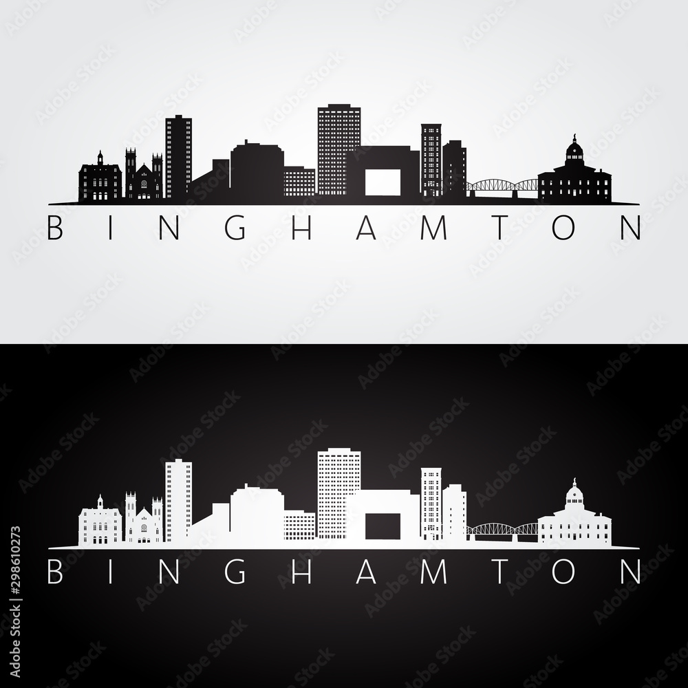 Binghamton, New York skyline and landmarks silhouette, black and white design, vector illustration.