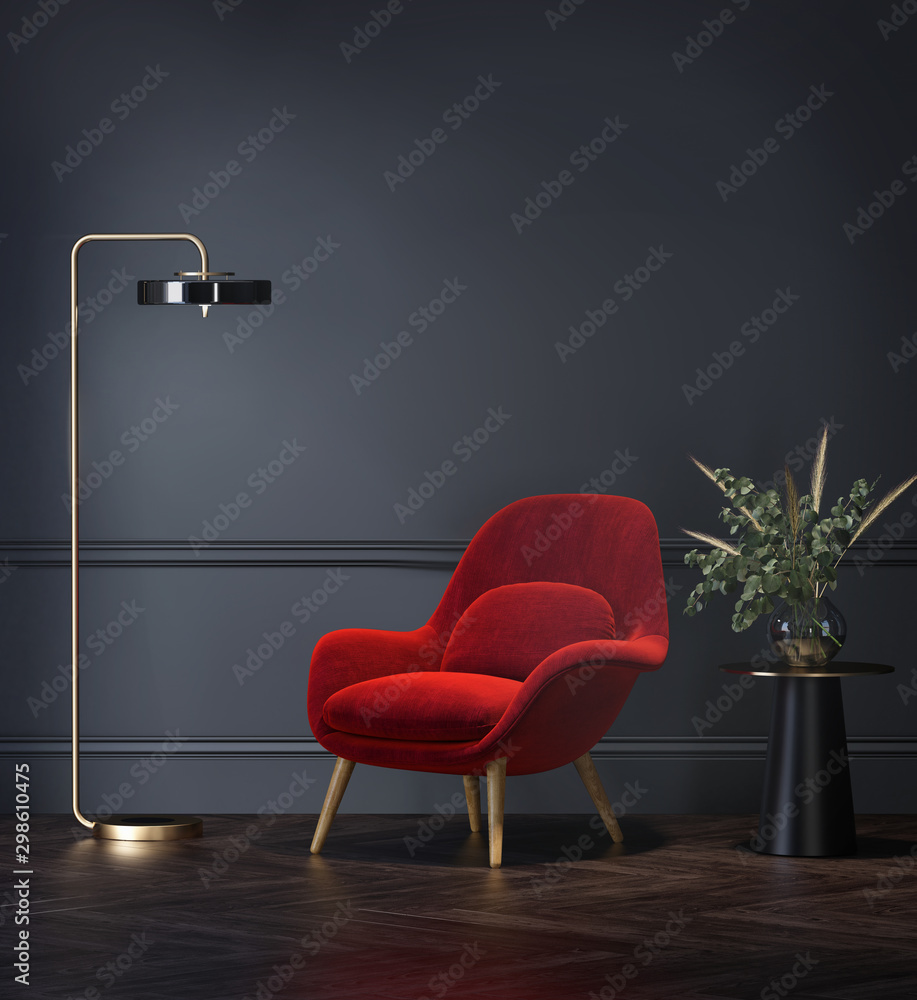 Dark grey interior with velvet red lounge chair - obrazy, fototapety, plakaty 