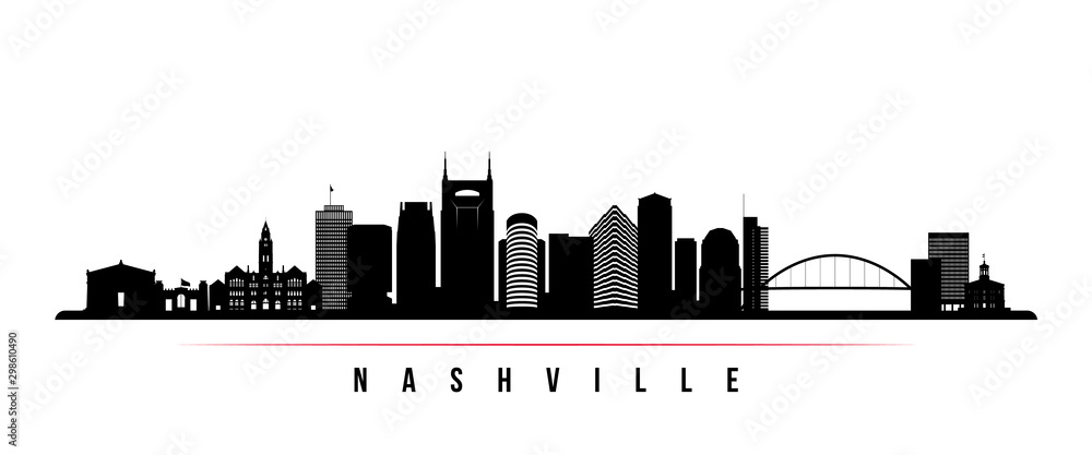 Nashville skyline horizontal banner. Black and white silhouette of Nashville, Tennessee. Vector template for your design.