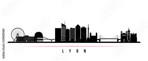 Lyon skyline horizontal banner. Black and white silhouette of Lyon, France. Vector template for your design.