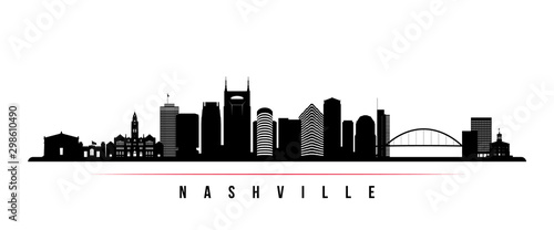 Nashville skyline horizontal banner. Black and white silhouette of Nashville, Tennessee. Vector template for your design. photo
