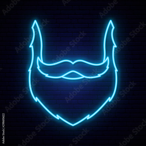 Vector neon style blue beard and mustache.  Bright neon signboard. Men's health concept background.