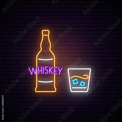 Neon Whiskey sign. Bright light signboard with bottle and glass of whiskey.