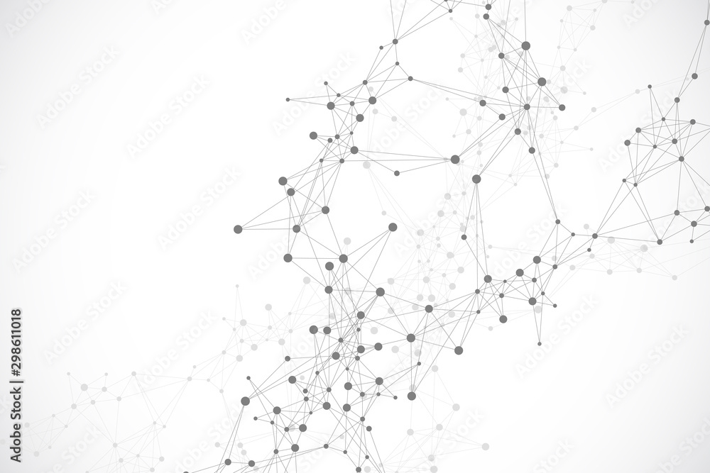 Geometric abstract background with connected line and dots. Network and connection background for your presentation. Graphic polygonal background. Wave flow. Scientific vector illustration. Geometric abstract background with connected line and dots. Network and connection background for your presentation. Graphic polygonal background. Wave flow. Scientific vector illustration.