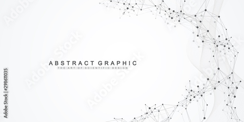 Geometric abstract background with connected line and dots. Network and connection background for your presentation. Graphic polygonal background. Wave flow. Scientific vector illustration.