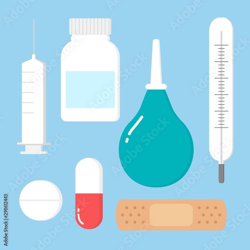 Medicine, pharmacy, hospital set of drugs with labels. Medication, pharmaceutics concept.