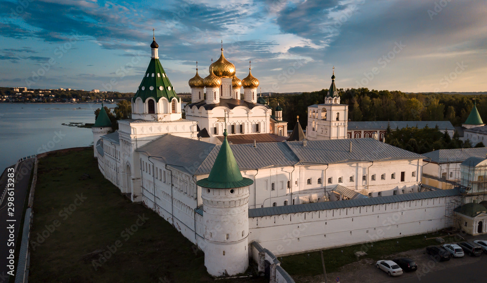 Kostroma. Gold ring of Russia. The monastery of St. Ipaty. Clouds in the evening sky and the Volga river.