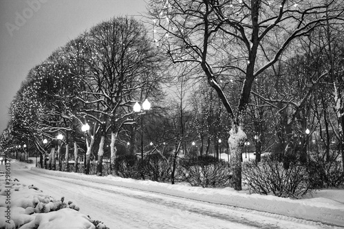 Winter road evening park landscape. Snow covered trees, Christmas light chains garland decoration and street lights. Film noise retro style effect