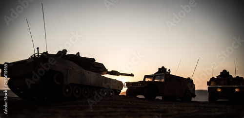 Konstfotografi Military patrol car on sunset background