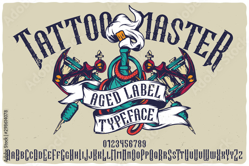 Hand drawn tyleface named Tattoo Master. Hand drawn illustration of tattoo machines and elexir. photo