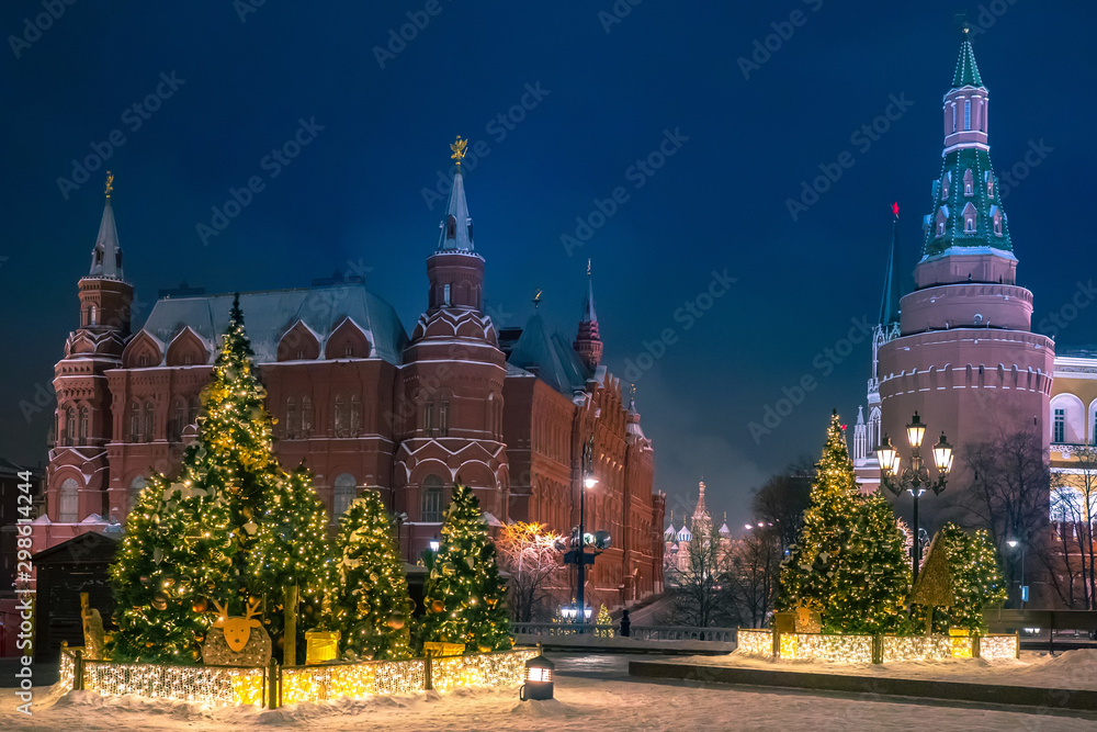 Moscow. Cities of Russia.The path to the Kremlin. Christmas decoration of Moscow.Road to red square.Streets in the center of Moscow.Christmas trees in the capital of Russia.The collection of St. Basil