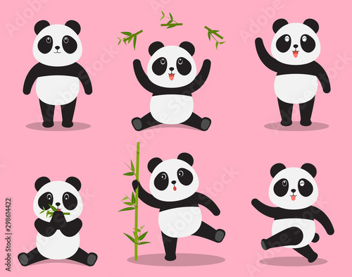Fototapeta Naklejka Na Ścianę i Meble -  Cute panda cartoon vector set in different emotion isolated on pink background - Vector illustration