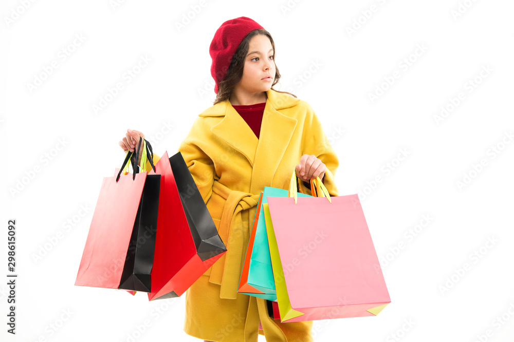 Girl with shopping bags. Shopping and purchase. Black friday. Sale discount. Shopping day. Child hold packages. Discounts on specific products. Tricks for profit. Favorite brands and hottest trends Girl with shopping bags. Shopping and purchase. Black friday. Sale discount. Shopping day. Child hold packages. Discounts on specific products. Tricks for profit. Favorite brands and hottest trends