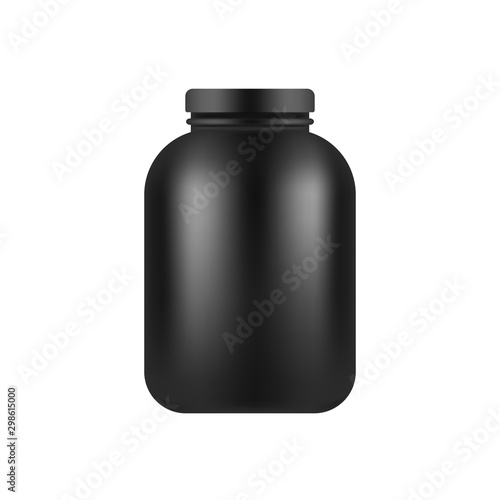 Black plastic jar template isolated on white background. BCAA and protein packing mock up. Vector sports nutrition and supplements
