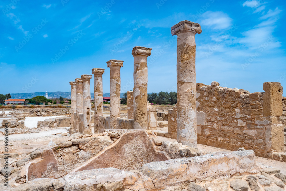 Cyprus. Archaeological park in the city of Paphos. Excavations in Cyprus. Ancient columns. The ruins of an ancient city. Sights of the city of Paphos. Mediterranean coast. Tours in Cyprus.