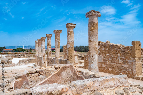 Cyprus. Archaeological park in the city of Paphos. Excavations in Cyprus. Ancient columns. The ruins of an ancient city. Sights of the city of Paphos. Mediterranean coast. Tours in Cyprus.