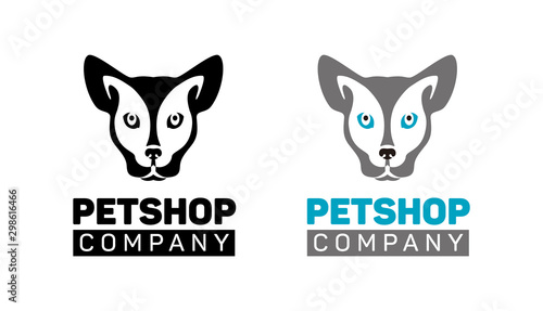Logo set - color and black drawing, cat and dog icon in one head symbol, change. Vector illustration, silhouette for pet shop, design, tattoo, isolated on white background.
