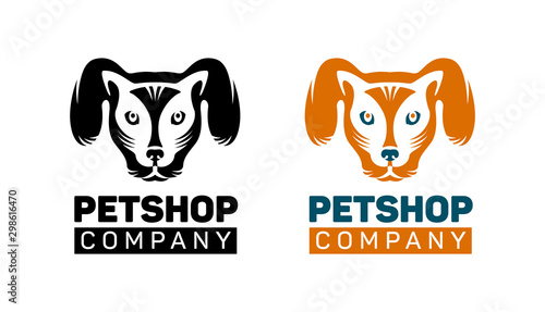 Logo set - color and black drawing, cat and dog icon in one head symbol, change. Vector illustration, silhouette for pet shop, design, tattoo, isolated on white background.