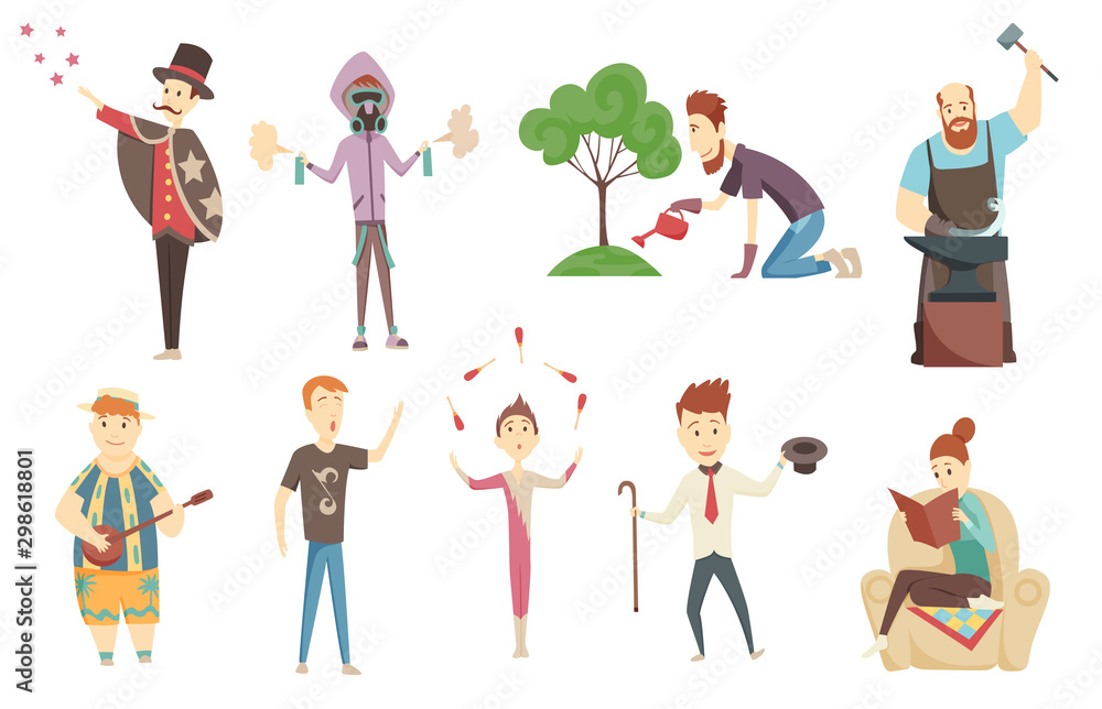 Adult People And Their Creative And Artistic Hobbies Set Of Cartoon Characters Doing Their Favorite Things.