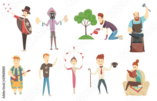 Adult People And Their Creative And Artistic Hobbies Set Of Cartoon Characters Doing Their Favorite Things.