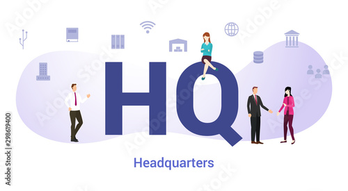 hq headquarters concept with big word or text and team people with modern flat style - vector