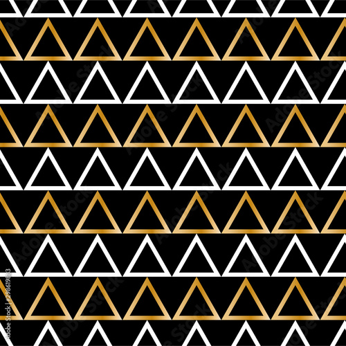 Elegant premium seamless pattern with gradient golden triangles on the black background. Vector ornament for poster, banner, card, wrapping paper, textile, packaging