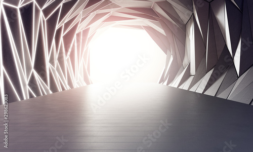 Geometric shapes structure on gray concrete floor with white wall background in big hall or modern showroom. Construction technology for future architecture. Abstract interior design 3d illustration.