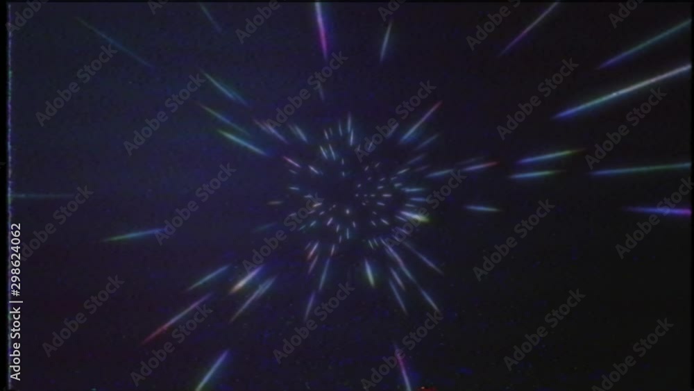 4K Abstract VHS retro cosmic background. Hyper jump into another galaxy. fast lightspeed, neon glowing rays in motion. colorful explosion, big bang. Starry bright glowing lights flying extremely fast