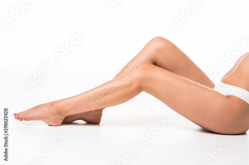 Half-length portrait of woman wearing black lingerie isolated on white background