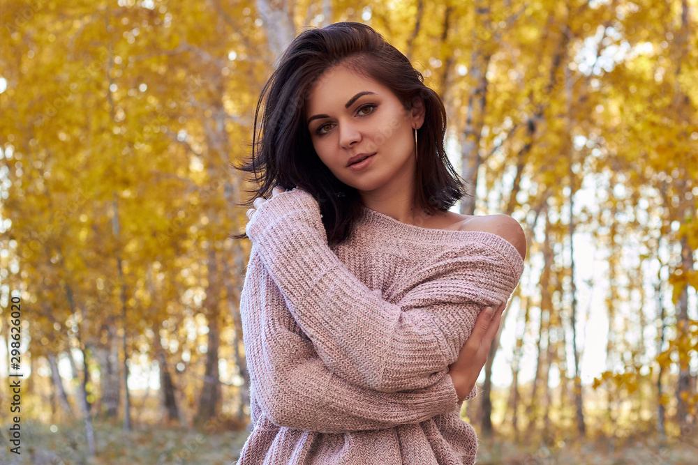 Beautiful girl model posing in a sweater in the yellow forest. Golden autumn, warm, yellow leaves! Beautiful girl model posing in a sweater in the yellow forest. Golden autumn, warm, yellow leaves!
